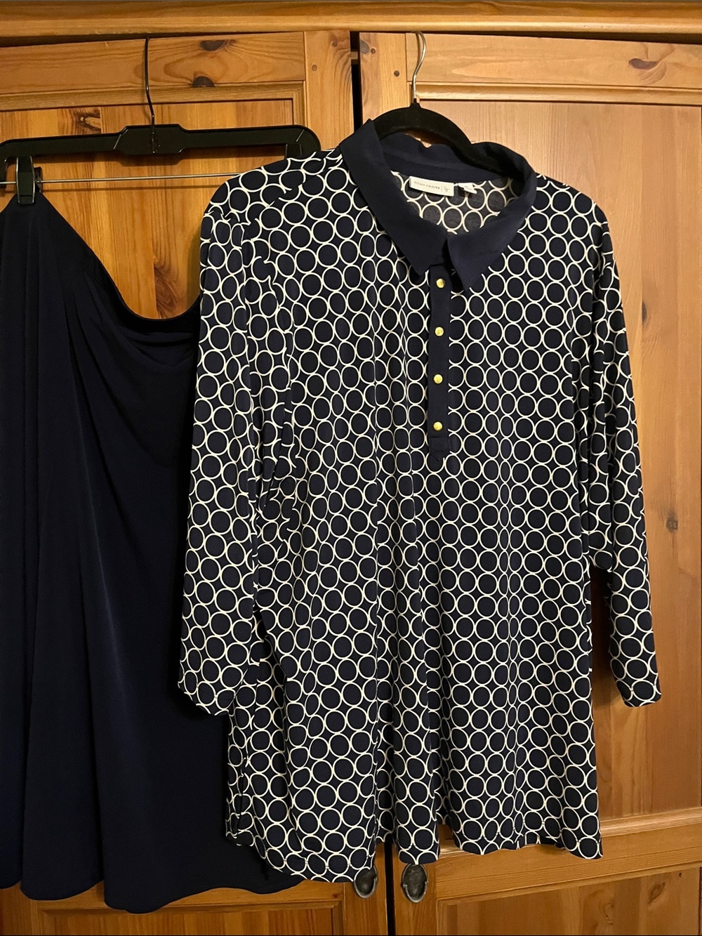 Susan Graver Navy & White Blouse Circle-Print with Navy Aline Skirt